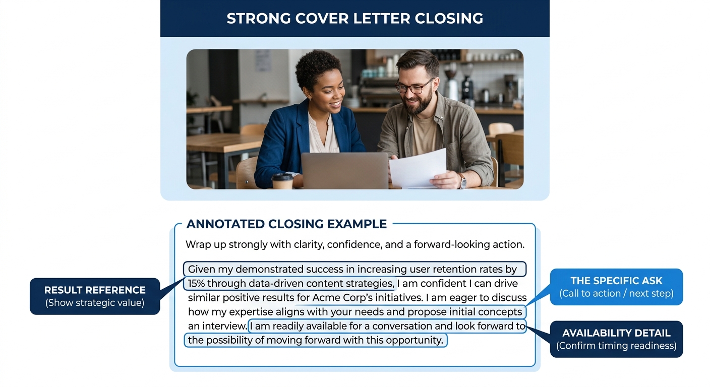 An annotated example of a strong cover letter closing paragraph, with callout labels pointing to the specific ask, the result reference, and the availability detail