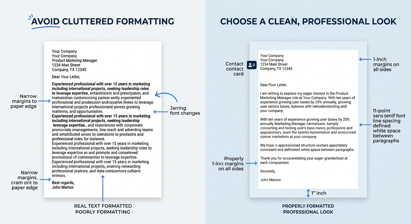 A side-by-side comparison showing a cluttered cover letter with inconsistent fonts and tight margins on the left, next to a properly formatted version with clean 1-inch margins, consistent 11-point fo