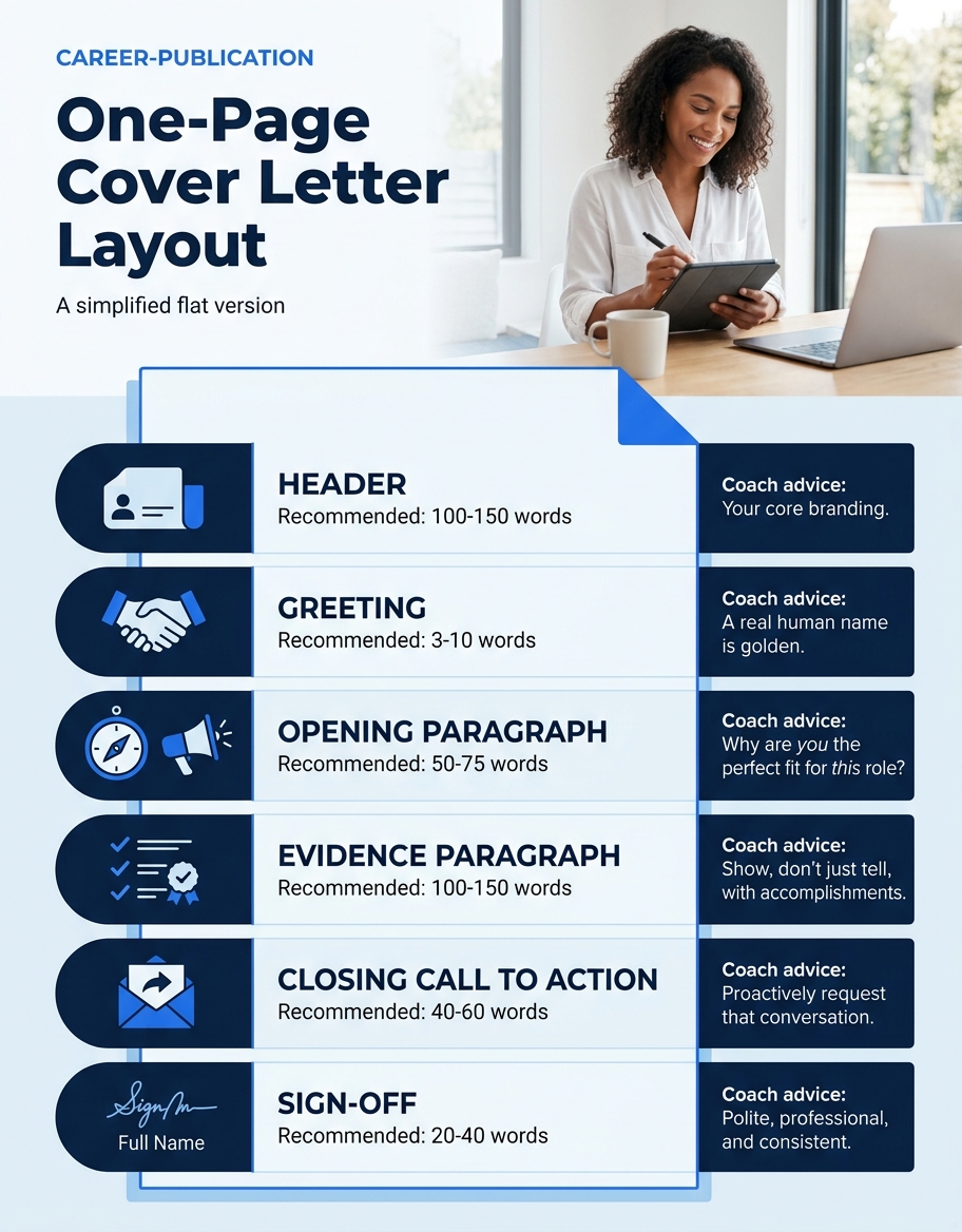 An infographic showing a one-page cover letter layout with six labeled sections, header, greeting, opening paragraph, evidence paragraph, closing call to action, and sign-off, with recommended word co
