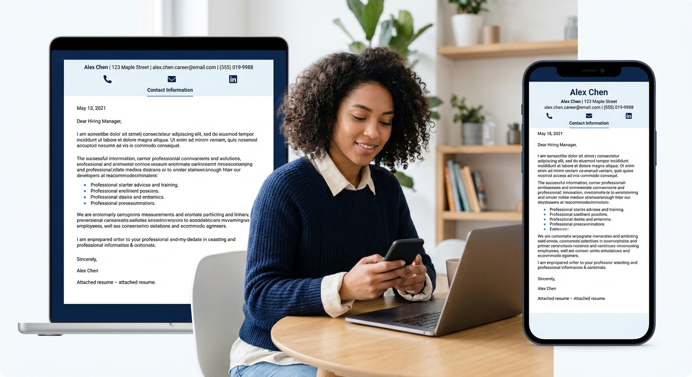 A formatted cover letter PDF displayed on both a laptop screen and a mobile phone screen, showing proper single-page layout with clear header, four paragraphs, and professional sign-off