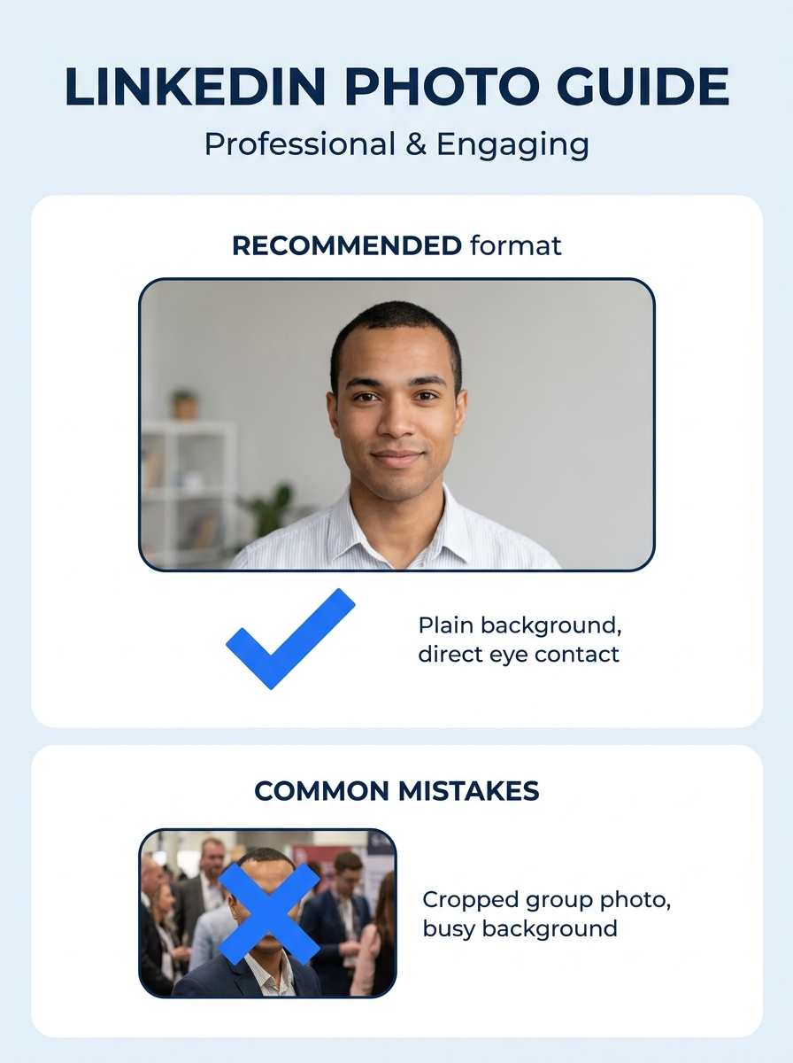 Professional headshot comparison showing recommended LinkedIn photo format with plain background and direct camera angle versus common mistakes like cropped group photos