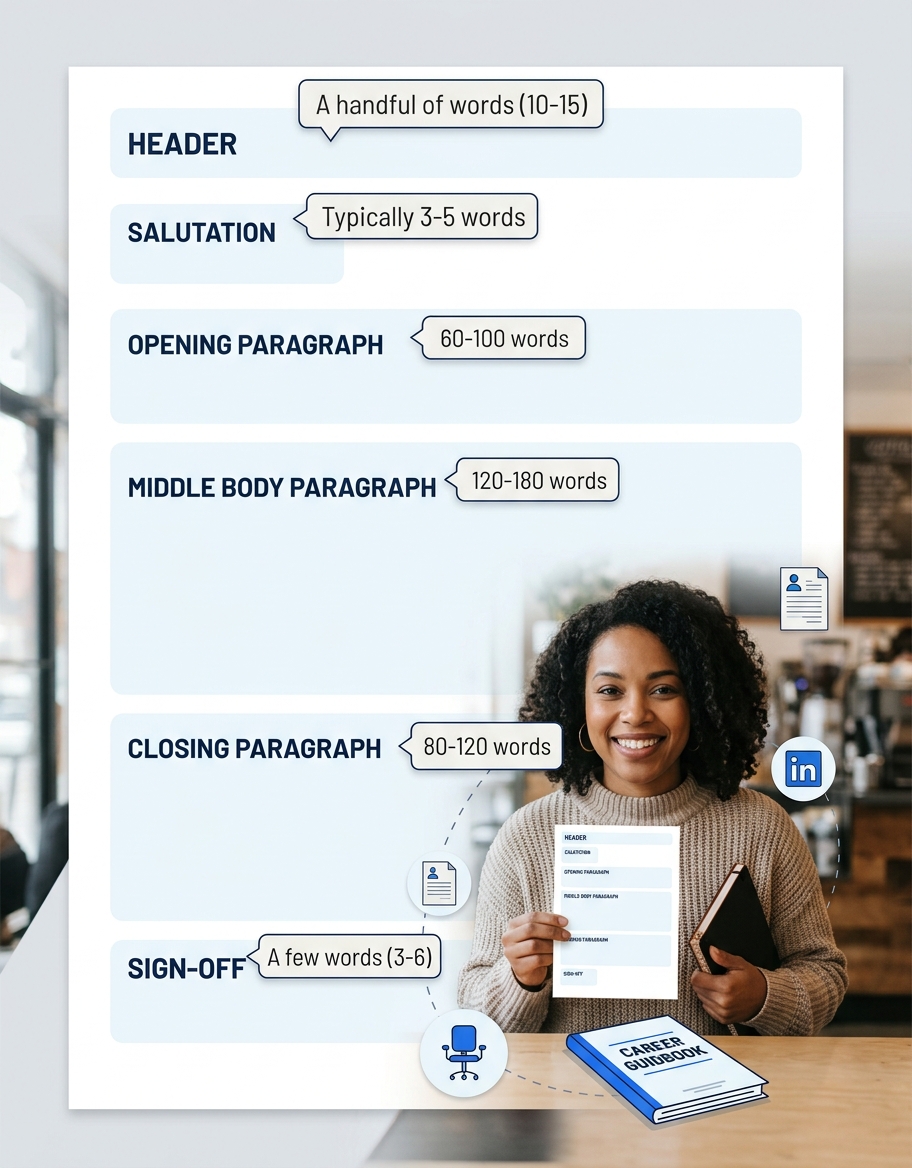 a completed one-page cover letter template with labeled sections showing header, salutation, three paragraphs, and sign-off, with word count annotations for each section