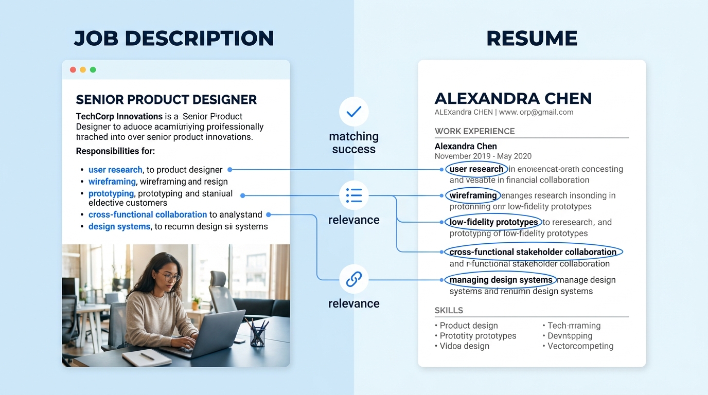 A split-screen illustration showing a job description on the left with key terms highlighted in yellow, and a resume on the right with matching keywords circled in green, demonstrating the keyword-mat