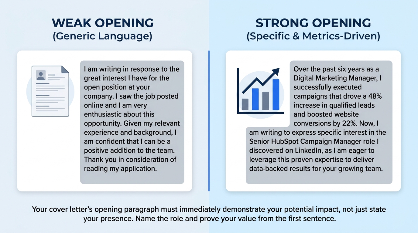 side-by-side comparison of a weak cover letter opening paragraph using generic language versus a strong opening paragraph with specific metrics and the job title named