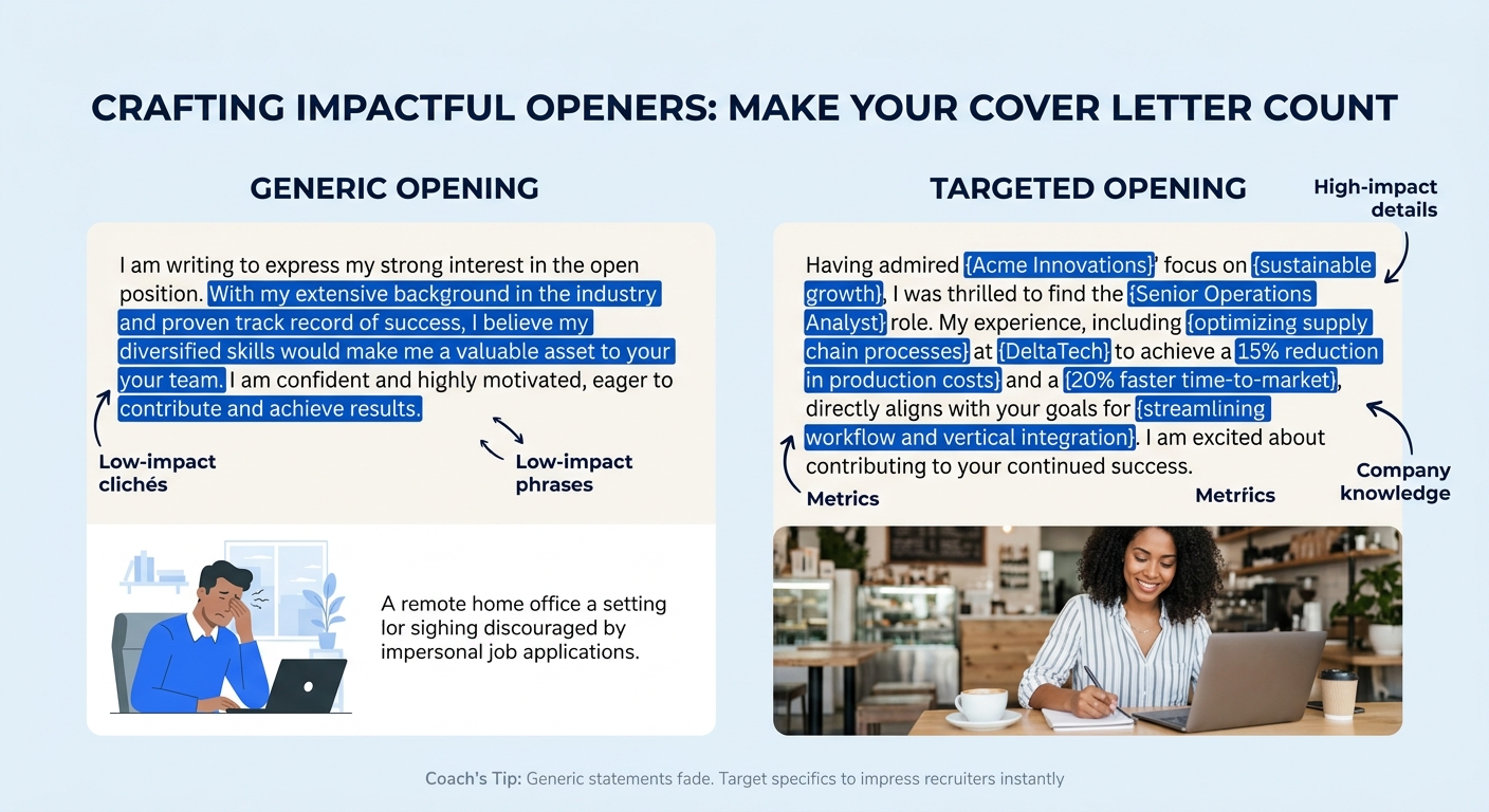 Two side-by-side cover letter opening paragraphs labeled "Generic" and "Targeted," with the generic version showing highlighted vague phrases and the targeted version showing highlighted company-speci