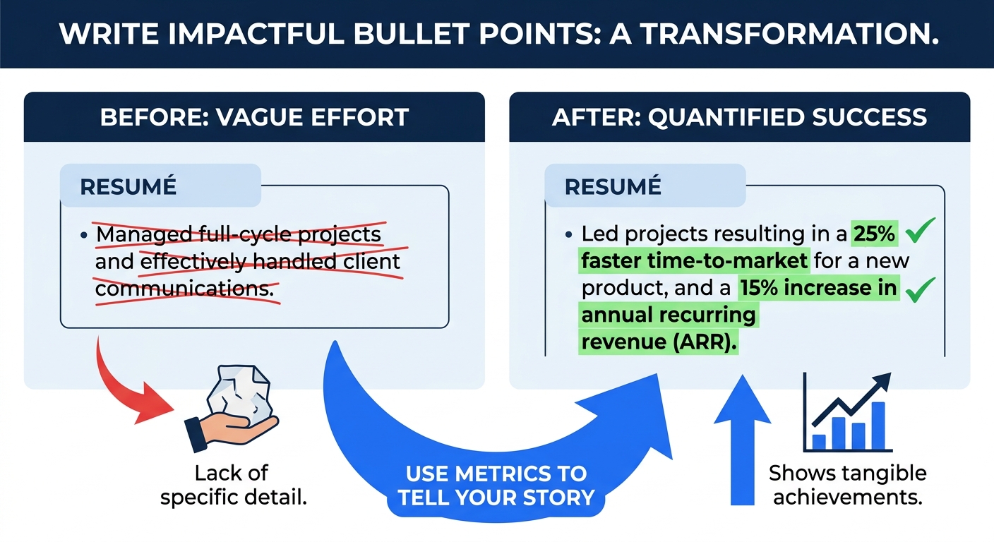 Side-by-side comparison showing a "before" proof paragraph with vague language like "managed projects and improved outcomes" crossed out in red, next to an "after" proof paragraph with specific metric