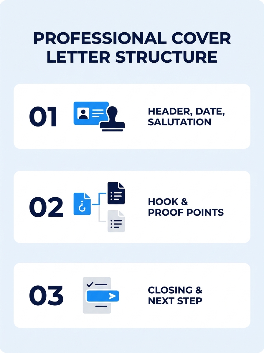 An infographic showing the 7-part cover letter structure with labeled sections: header, date, salutation, opening hook paragraph, first proof-point paragraph, second proof-point paragraph, and closing