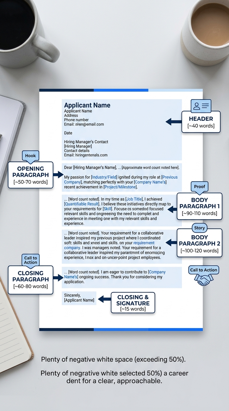 A clean, formatted one-page cover letter with labeled callouts pointing to each section, header, opening paragraph, body paragraph 1, body paragraph 2, closing paragraph, with approximate word counts