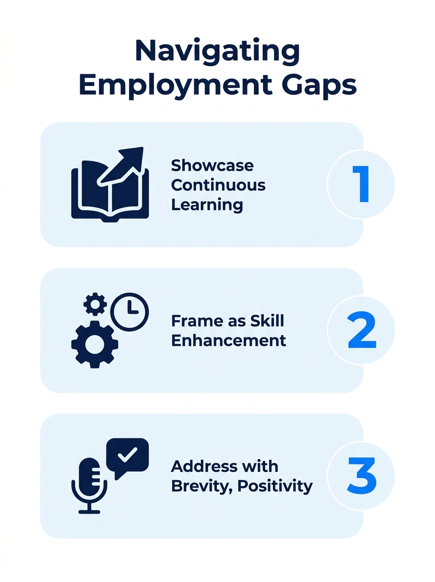Professional reviewing resume during job interview, highlighting employment gap explanation strategies