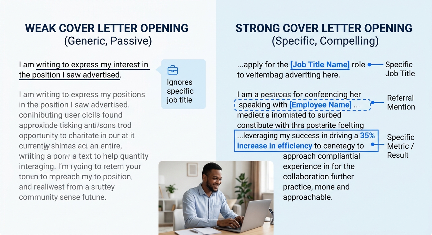 A side-by-side comparison showing a weak cover letter opening paragraph versus a strong one, with annotations highlighting the job title, referral mention, and specific metric