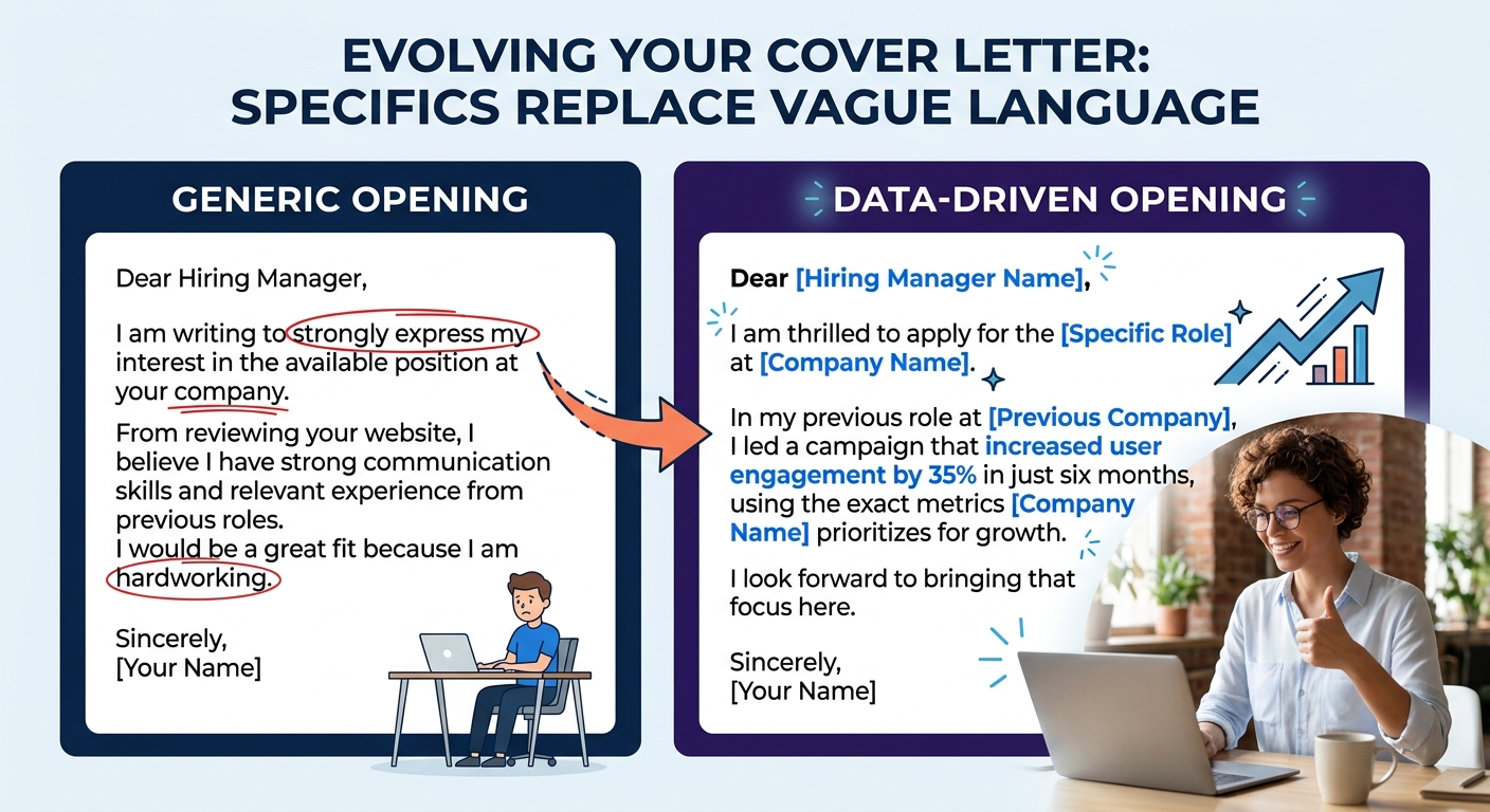 side-by-side comparison of a generic cover letter opening versus a data-driven cover letter opening, showing how specific metrics and company names replace vague language