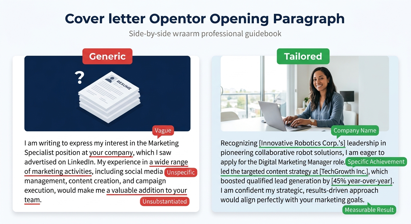 A side-by-side comparison showing a weak cover letter opening paragraph on the left labeled 'Generic' in red and a strong opening paragraph on the right labeled 'Tailored' in green, with the key diffe