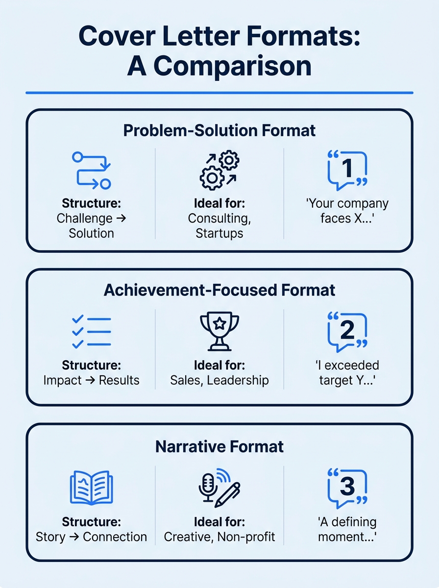 Infographic comparing three cover letter formats side by side—problem-solution, achievement-focused, and narrative—showing the structure, ideal job types, and a sample opening line for each format