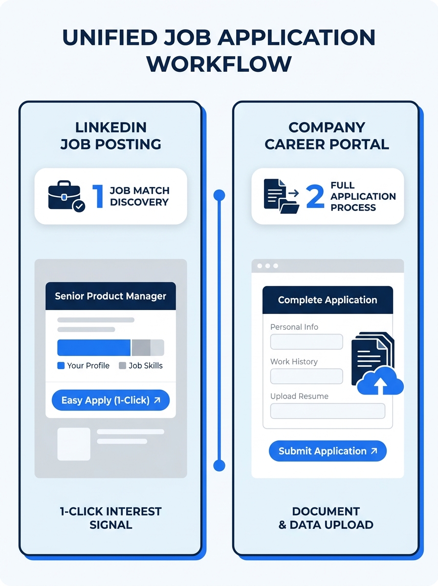 Split-screen comparison showing LinkedIn job posting discovery interface on left and company career portal application page on right, illustrating the two-stage application workflow