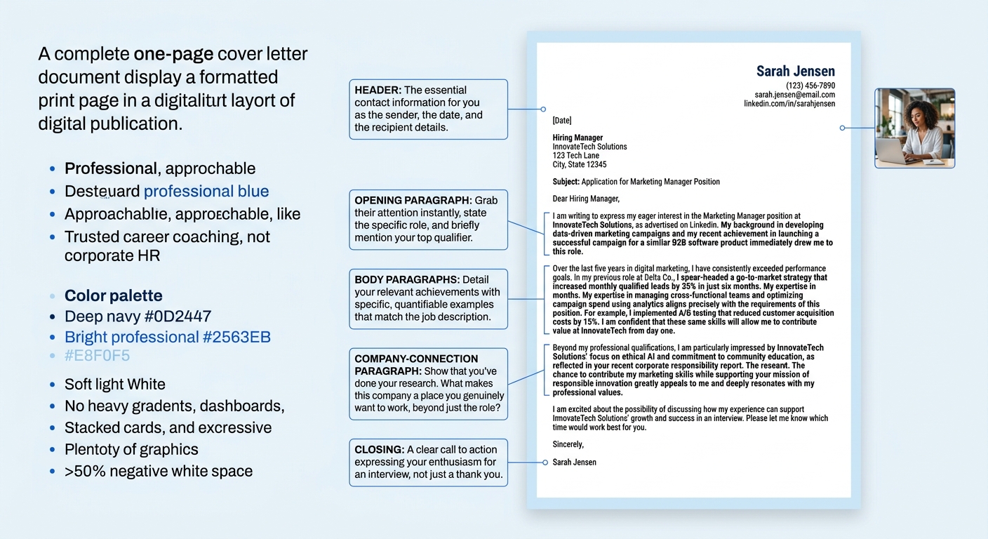a complete one-page cover letter sample displayed as a formatted document, with labeled annotations pointing to the header, opening paragraph, body paragraphs, company-connection paragraph, and closin