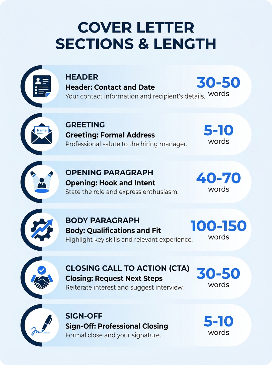An infographic showing the six sections of a cover letter in vertical order, header, greeting, opening paragraph, body paragraph, closing call to action, and sign-off, with a one-line description of e