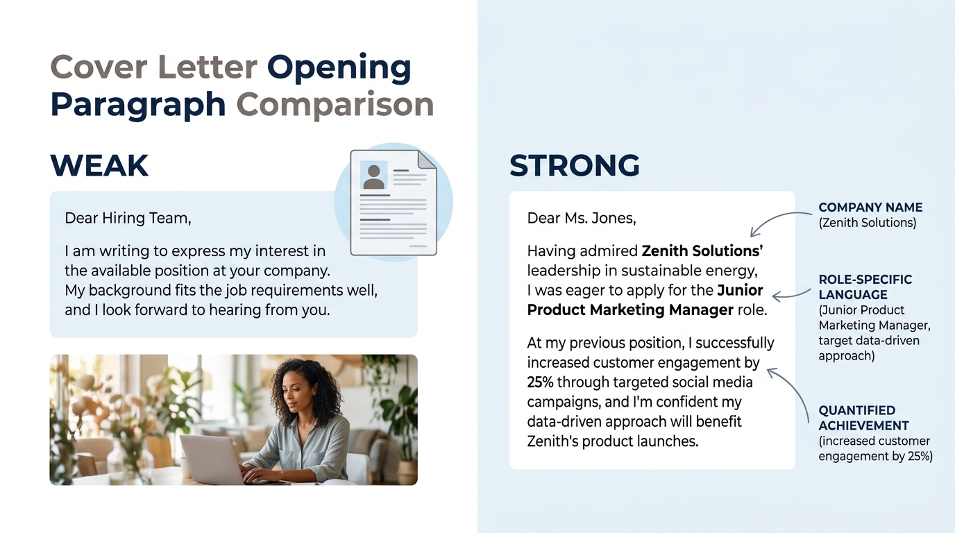 Side-by-side comparison showing a generic cover letter opening paragraph on the left labeled "Weak" and a specific, company-targeted opening paragraph on the right labeled "Strong," with annotations h