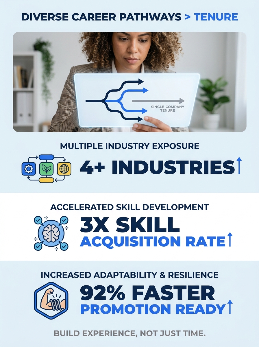 Professional examining multiple career pathways on a digital screen, representing breadth of experience over single-company tenure