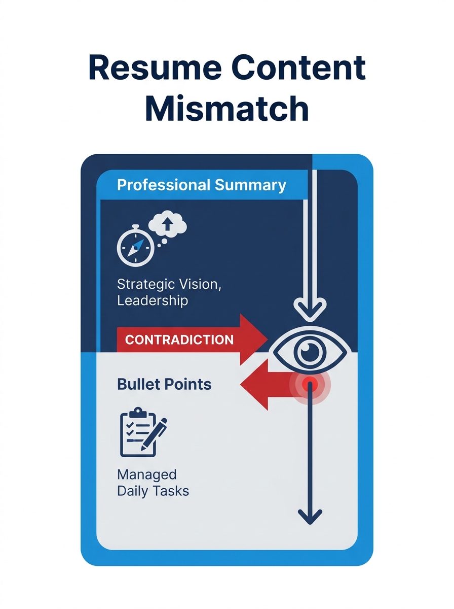 An infographic showing a resume split into two halves — the top half labeled "Professional Summary" with aspirational strategic language, and the bottom half labeled "Bullet Points" with task-oriented