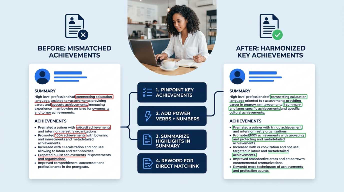 A side-by-side comparison showing a "before" resume with mismatched summary and bullets highlighted in red, next to an "after" resume where the summary language directly echoes the bullet point achiev