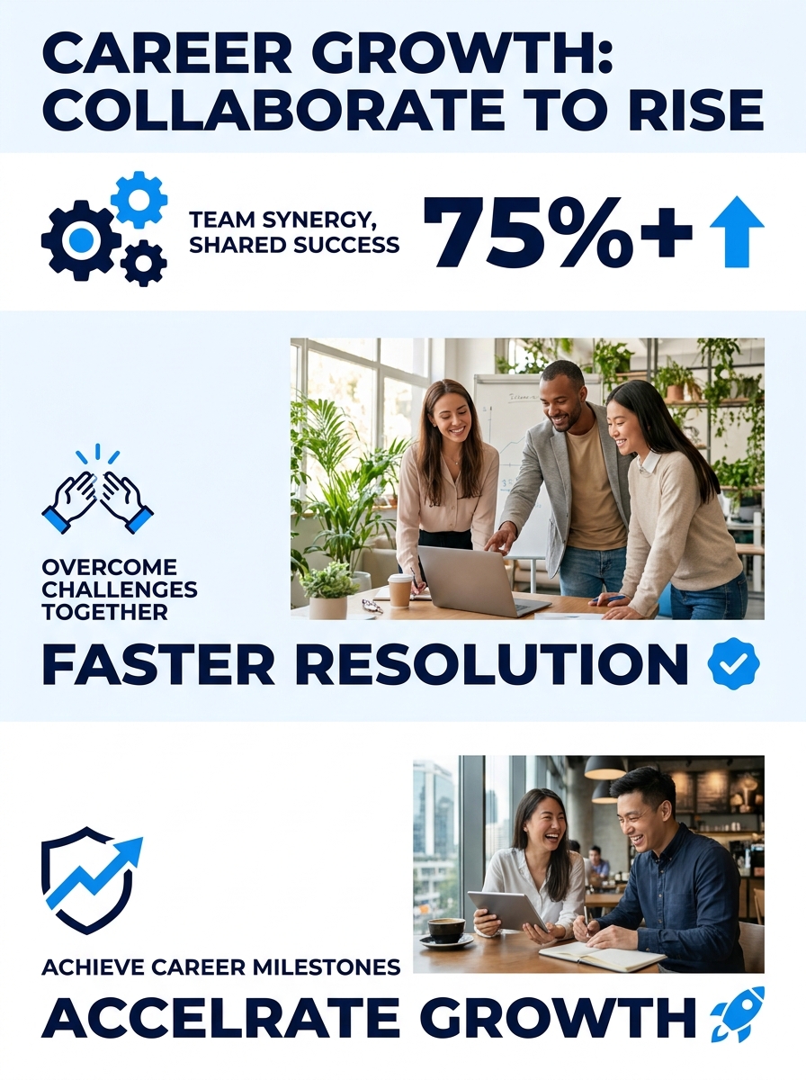 Business professionals collaborating in a modern office setting, representing career growth through teamwork and overcoming challenges
