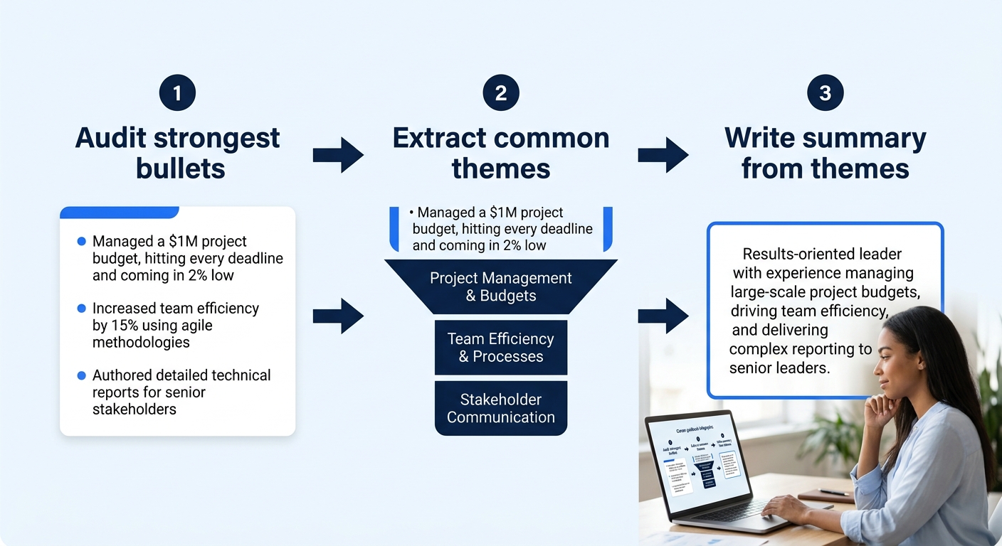 A flowchart diagram showing three steps: Step 1 "Audit strongest bullets" with example bullet points, Step 2 "Extract common themes" with theme labels, and Step 3 "Write summary from themes" with a fi