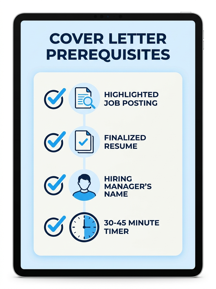 A checklist-style infographic showing four prerequisites for writing a cover letter, a highlighted job posting, a finalized resume, the hiring manager's name, and a 30-45 minute timer, each with a che