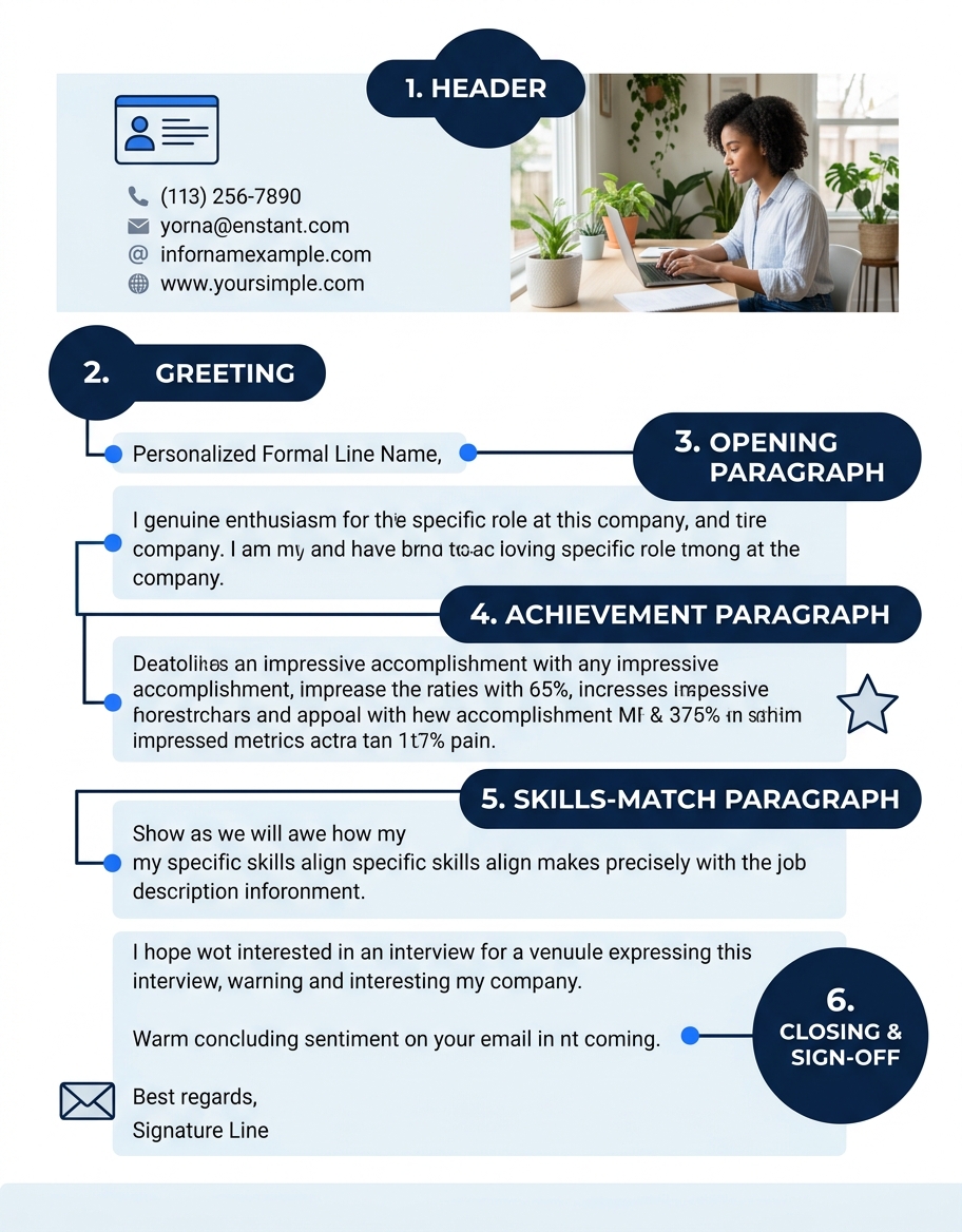 A complete one-page example cover letter with six labeled sections showing header, greeting, opening paragraph, achievement paragraph, skills-match paragraph, and closing, with color-coded annotations