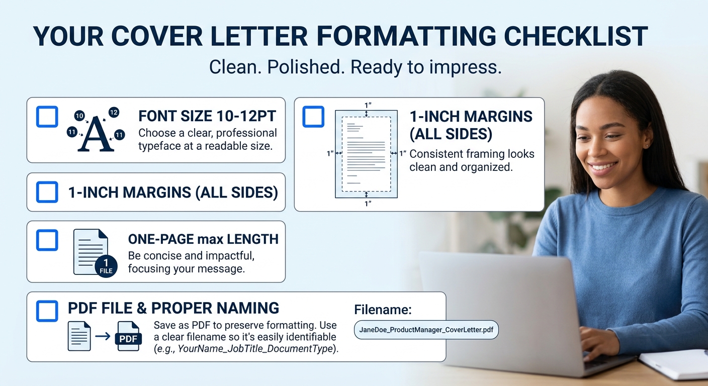 A formatting checklist for a cover letter displayed as a clean visual with checkboxes showing font size 10-12pt, 1-inch margins, one-page length, PDF file format, and proper file naming convention wit