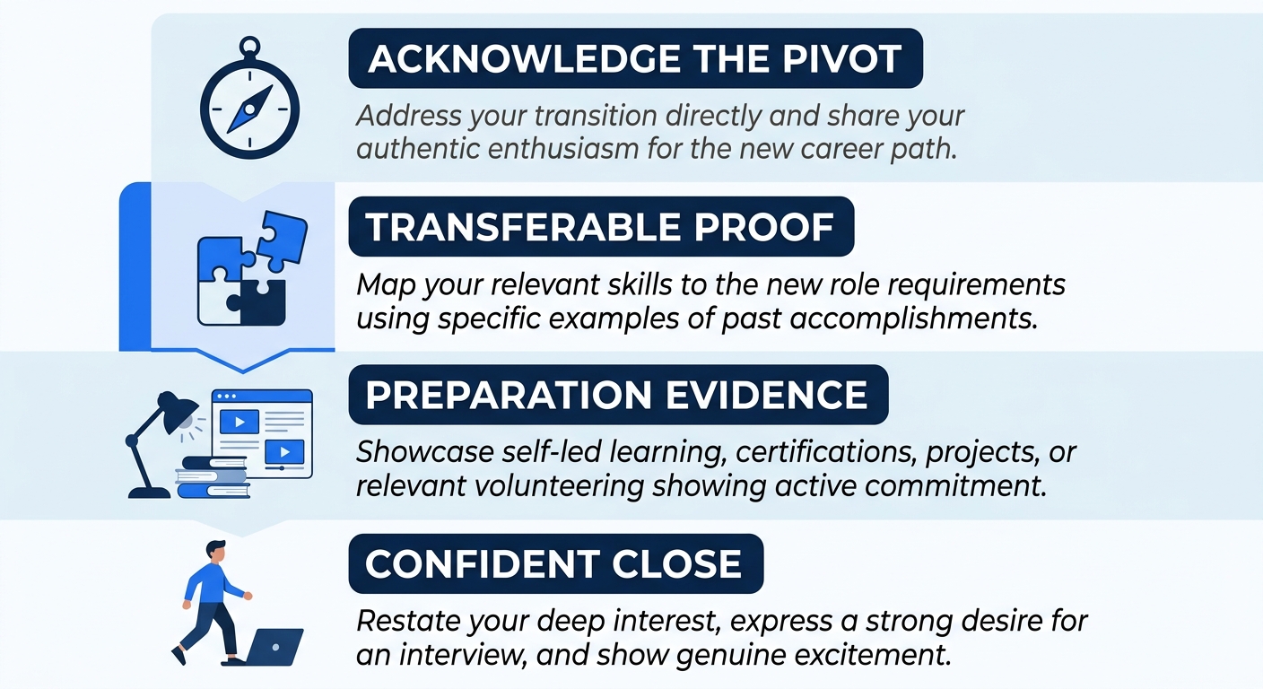 a simple diagram showing a career-change cover letter structure with four labeled sections stacked vertically, "Acknowledge the Pivot" at top, "Transferable Proof" in middle, "Preparation Evidence" be