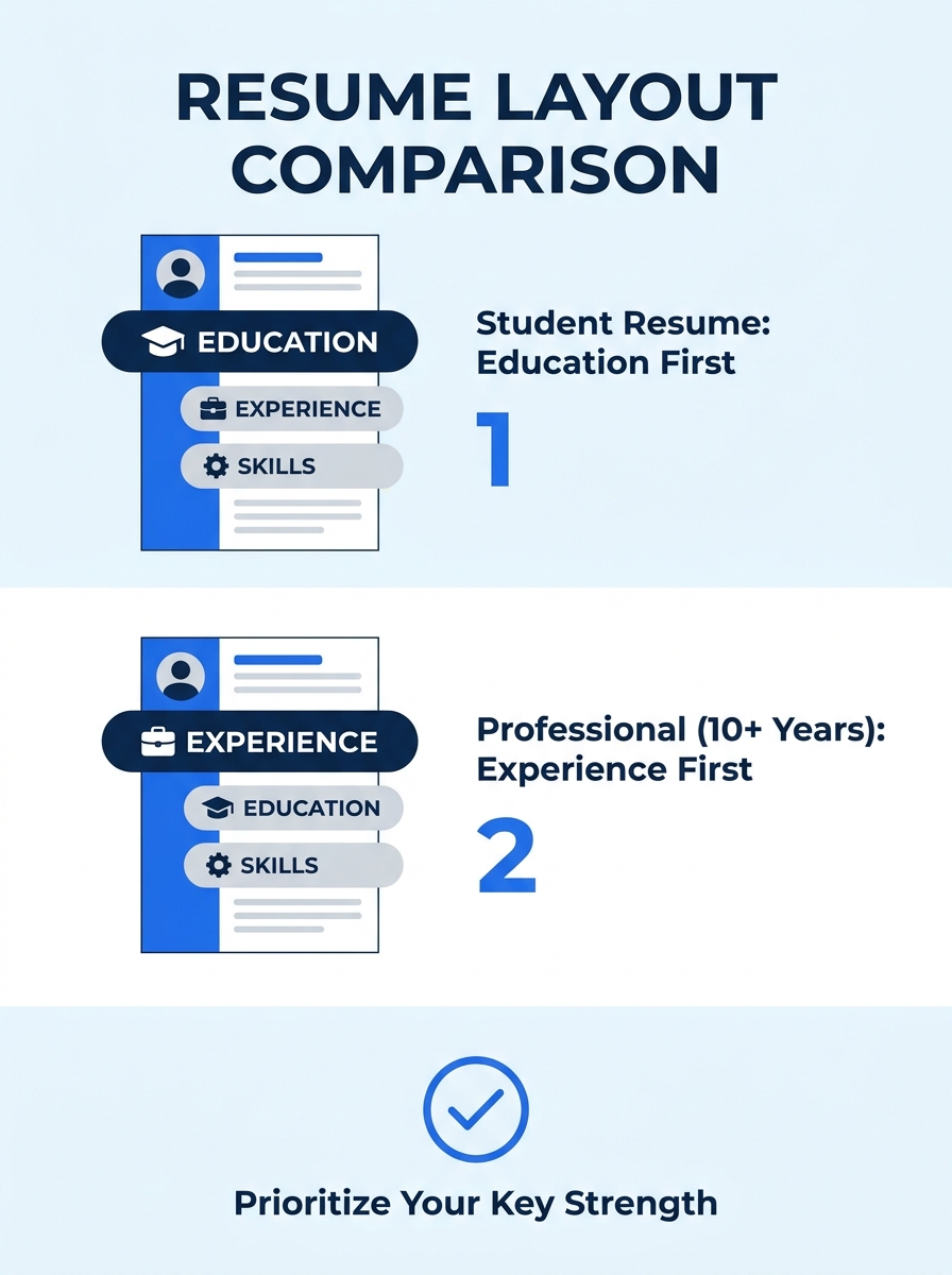 a side-by-side comparison showing two resume layouts — one with education placement at the top for a student resume, and one with education placed below the experience section for a professional with