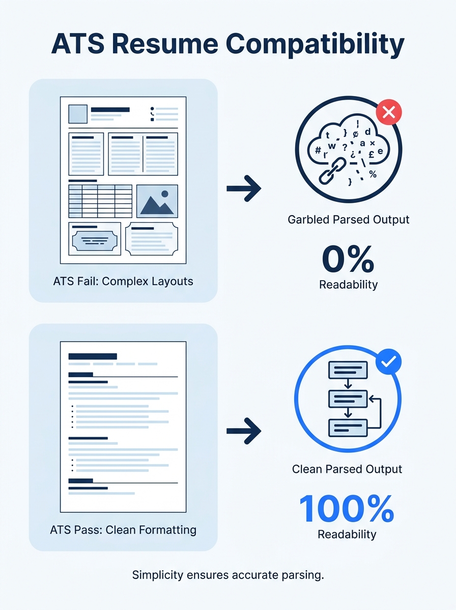 Infographic comparing two resume layouts side by side — one with tables, text boxes, and multi-column design labeled "ATS Fail" showing garbled parsed text output, and one with single-column clean for