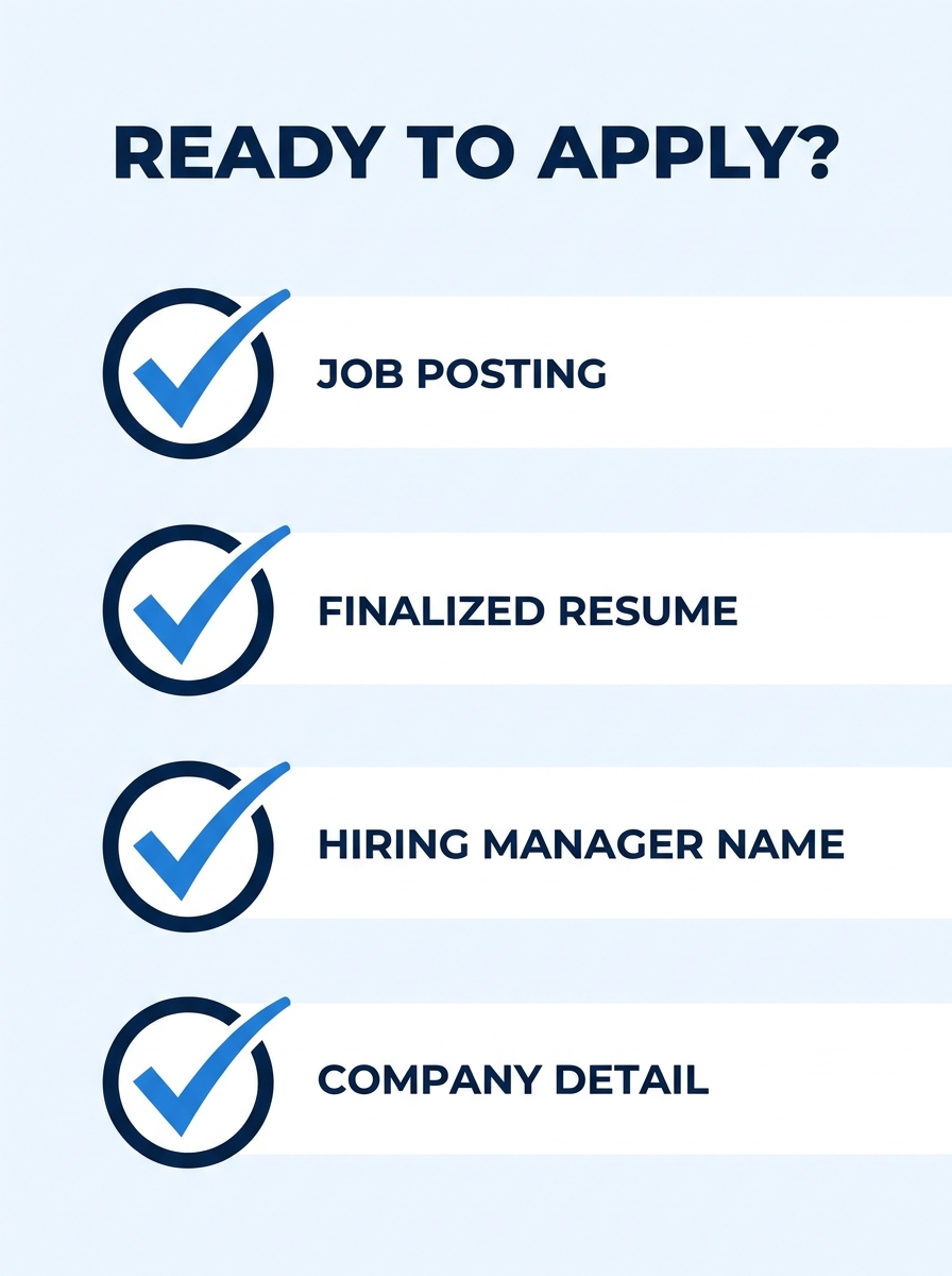 A checklist graphic showing four items, job posting, finalized resume, hiring manager name, and company detail, each with a checkbox beside it