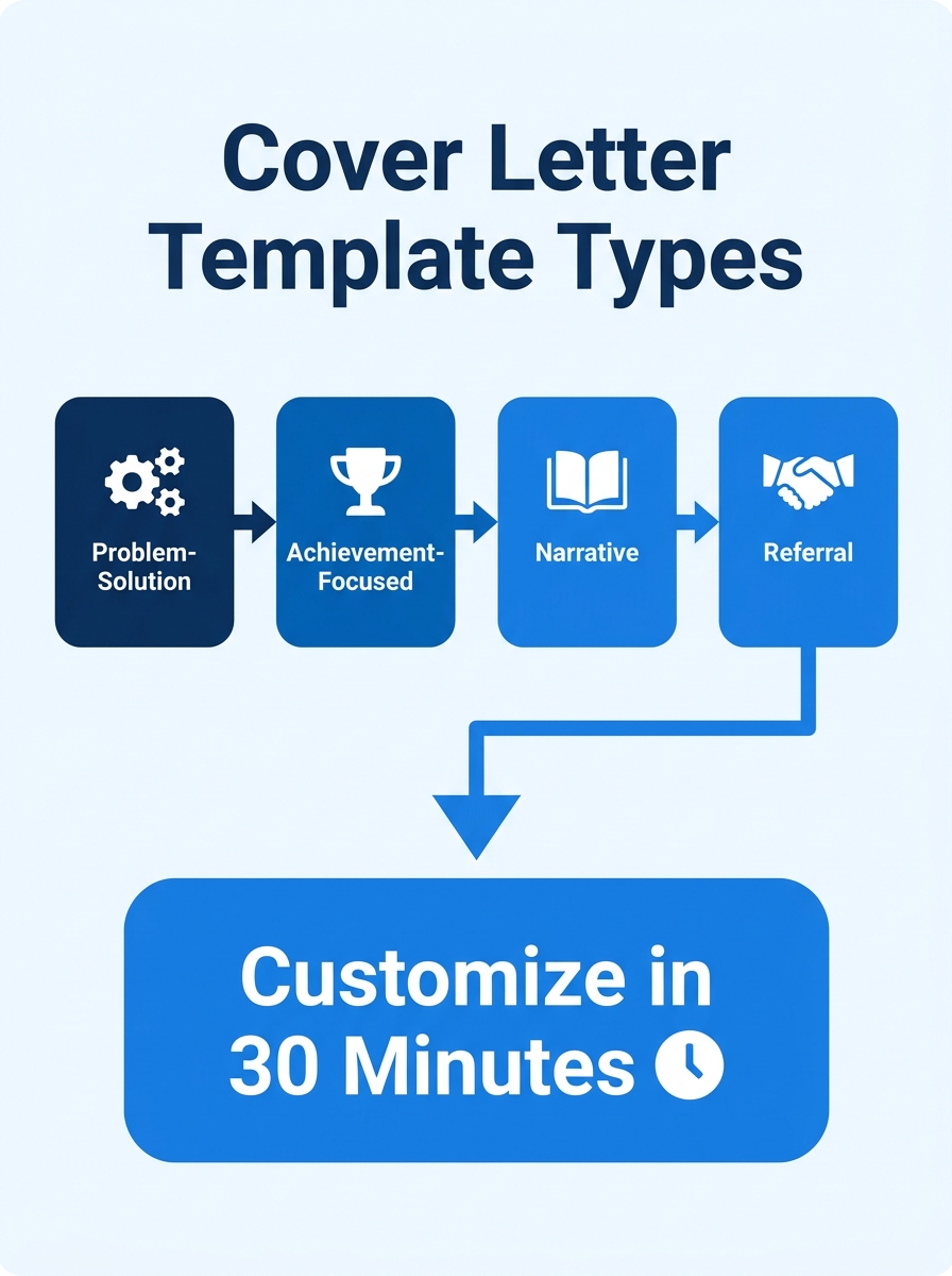 infographic showing the five cover letter template types arranged in a horizontal flow, problem-solution, achievement-focused, narrative, referral, and career-change, with a one-line description under