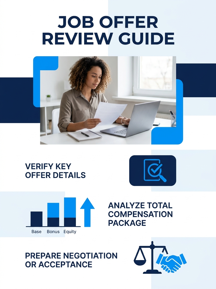 Professional reviewing written job offer document at desk with laptop and notepad
