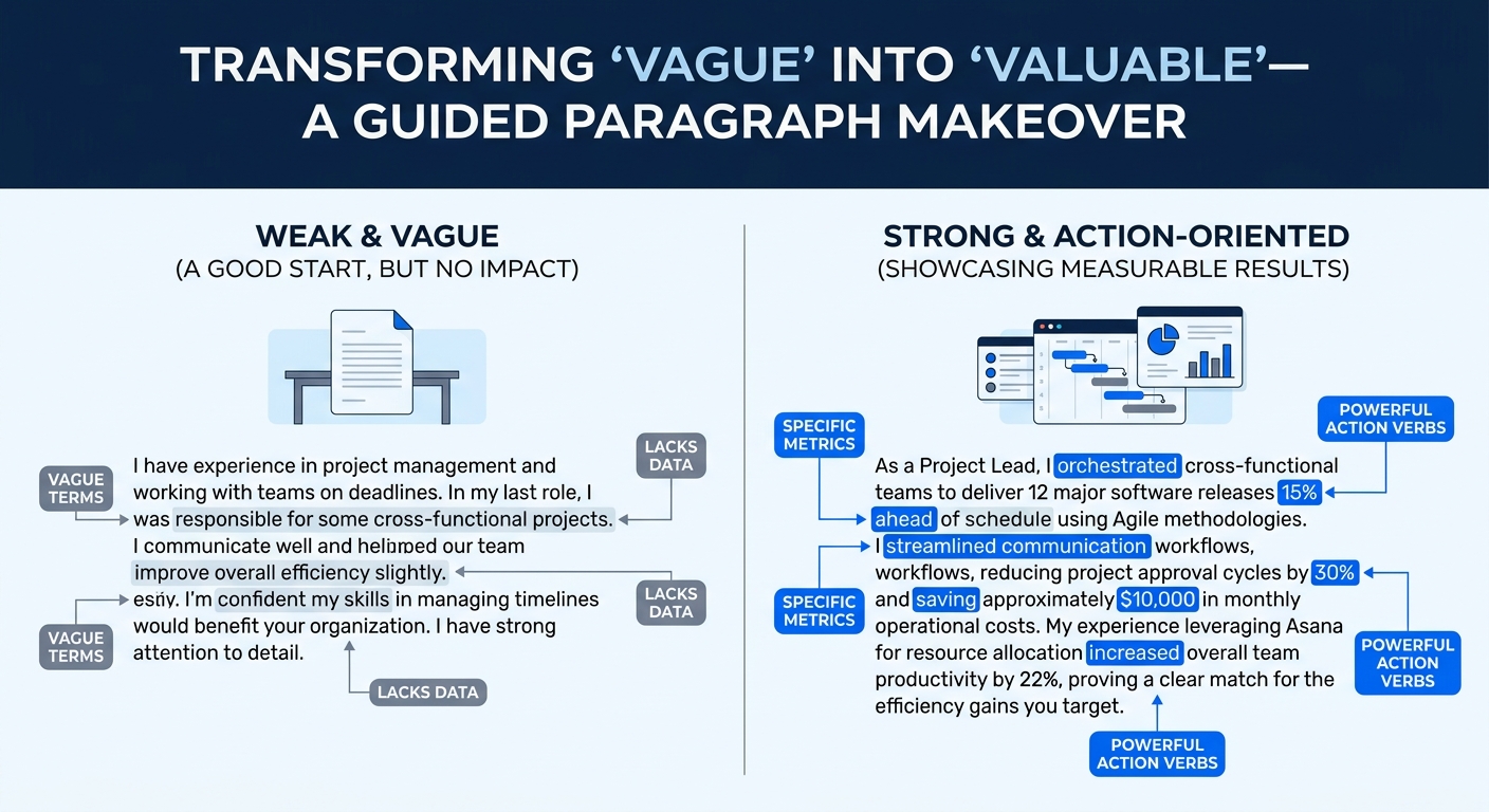 A side-by-side before-and-after comparison of a weak cover letter body paragraph versus a strong one, with annotations highlighting the addition of specific metrics and action verbs