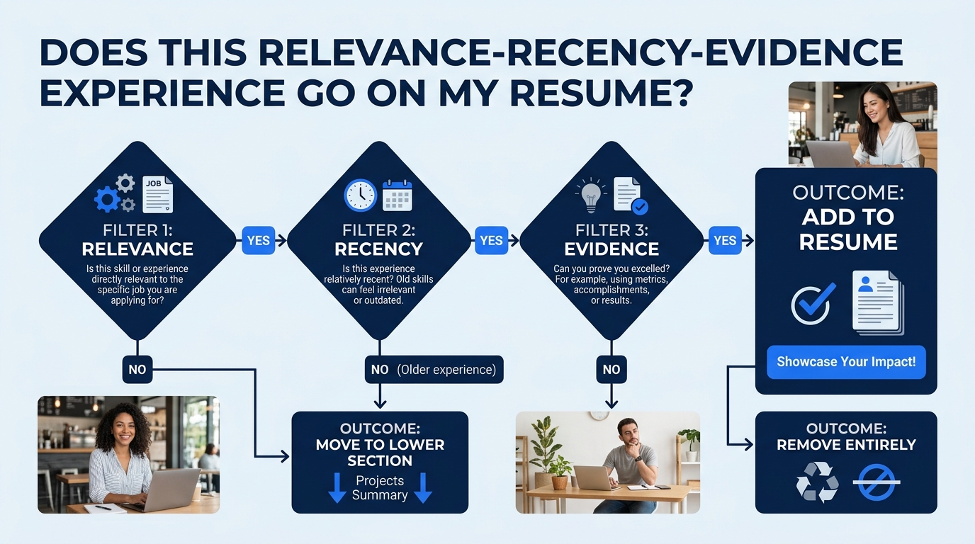 an infographic showing the Relevance-Recency-Evidence test as a decision flowchart with three filter stages, each with a yes or no path leading to outcomes labeled Add to Resume, Move to Lower Section