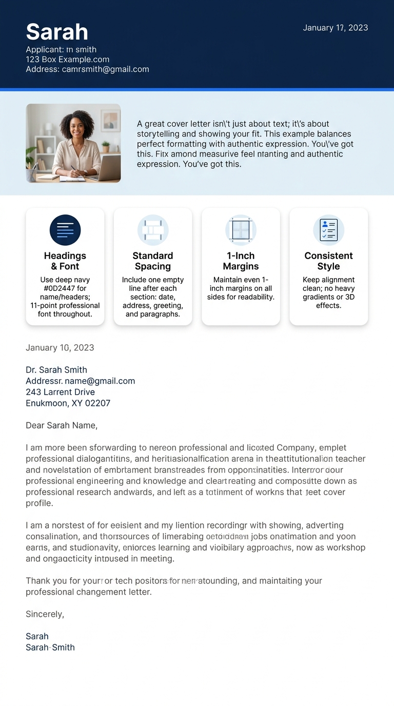 A formatted one-page cover letter example showing proper 1-inch margins, 11-point font, correct spacing between paragraphs, and balanced visual proportions on the page