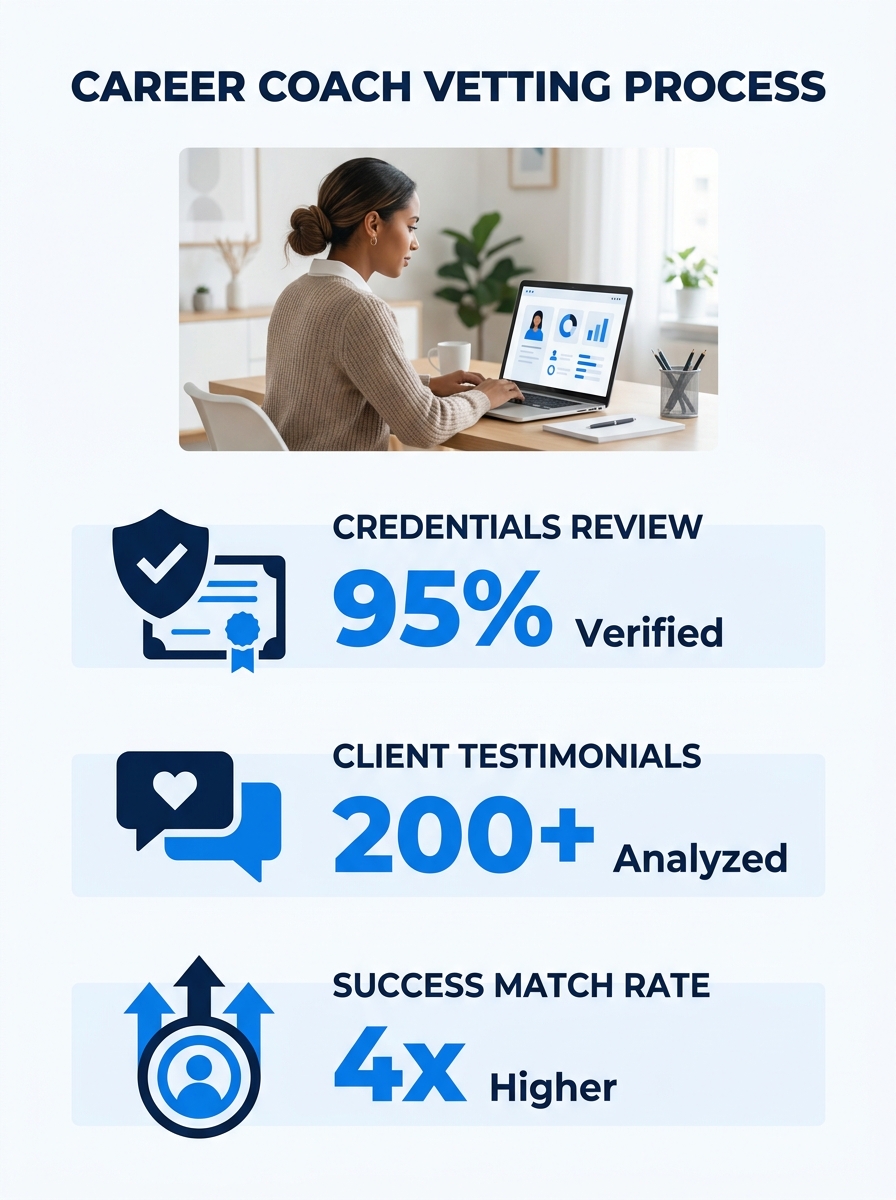 Career coach reviewing credentials and client testimonials on laptop during vetting process