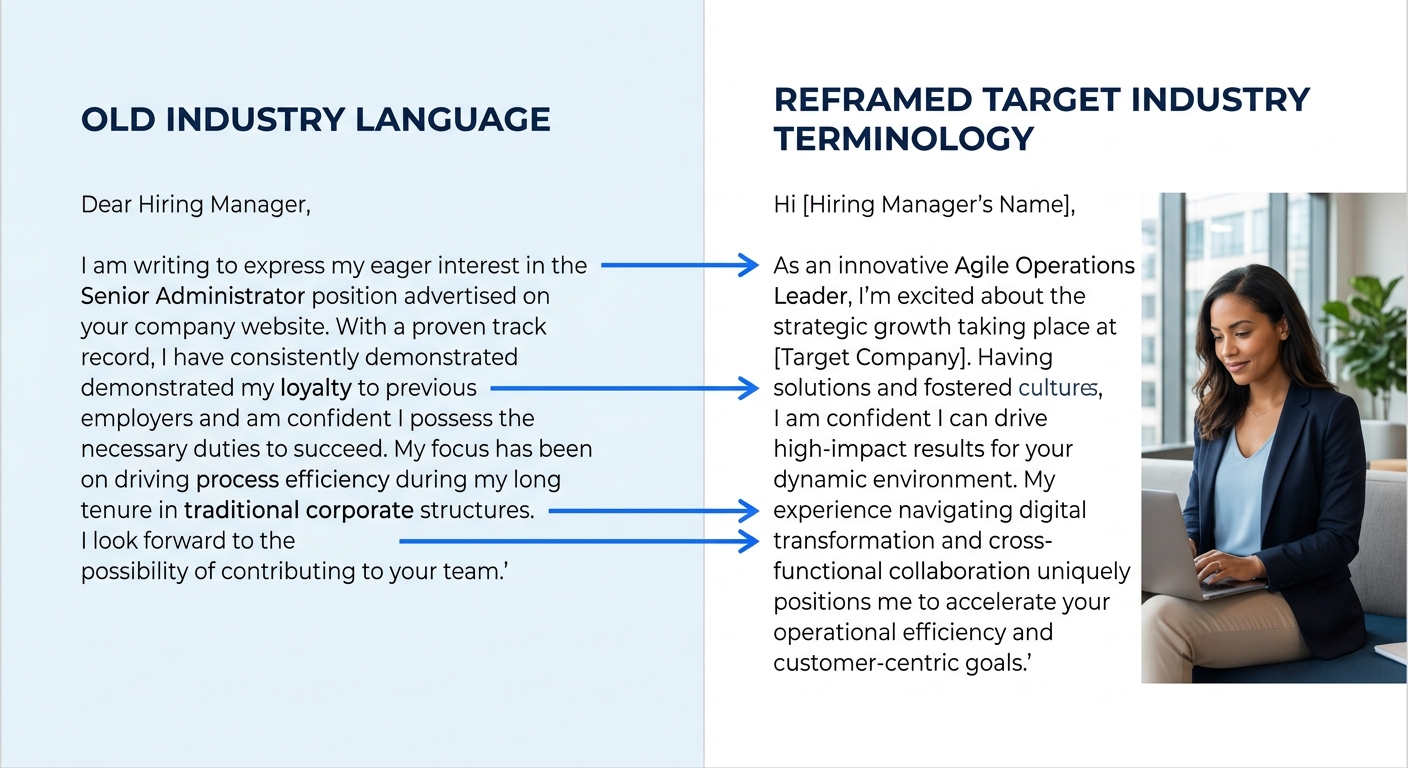 A side-by-side comparison showing two cover letter opening paragraphs, one using old industry language and one reframed with target industry terminology, with arrows highlighting the key differences i