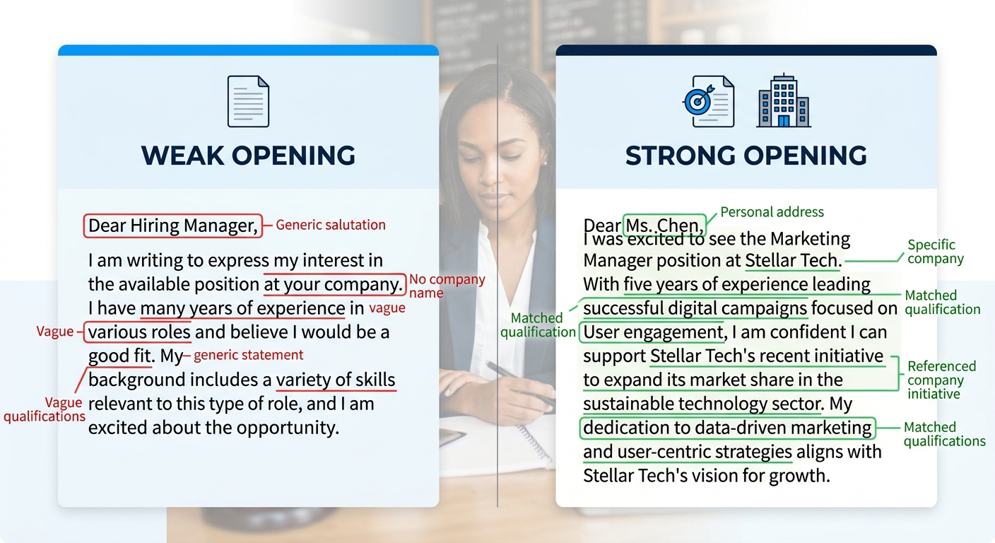 A side-by-side comparison showing a weak cover letter opening paragraph on the left (generic, no company name, vague qualifications) versus a strong opening paragraph on the right (specific company na