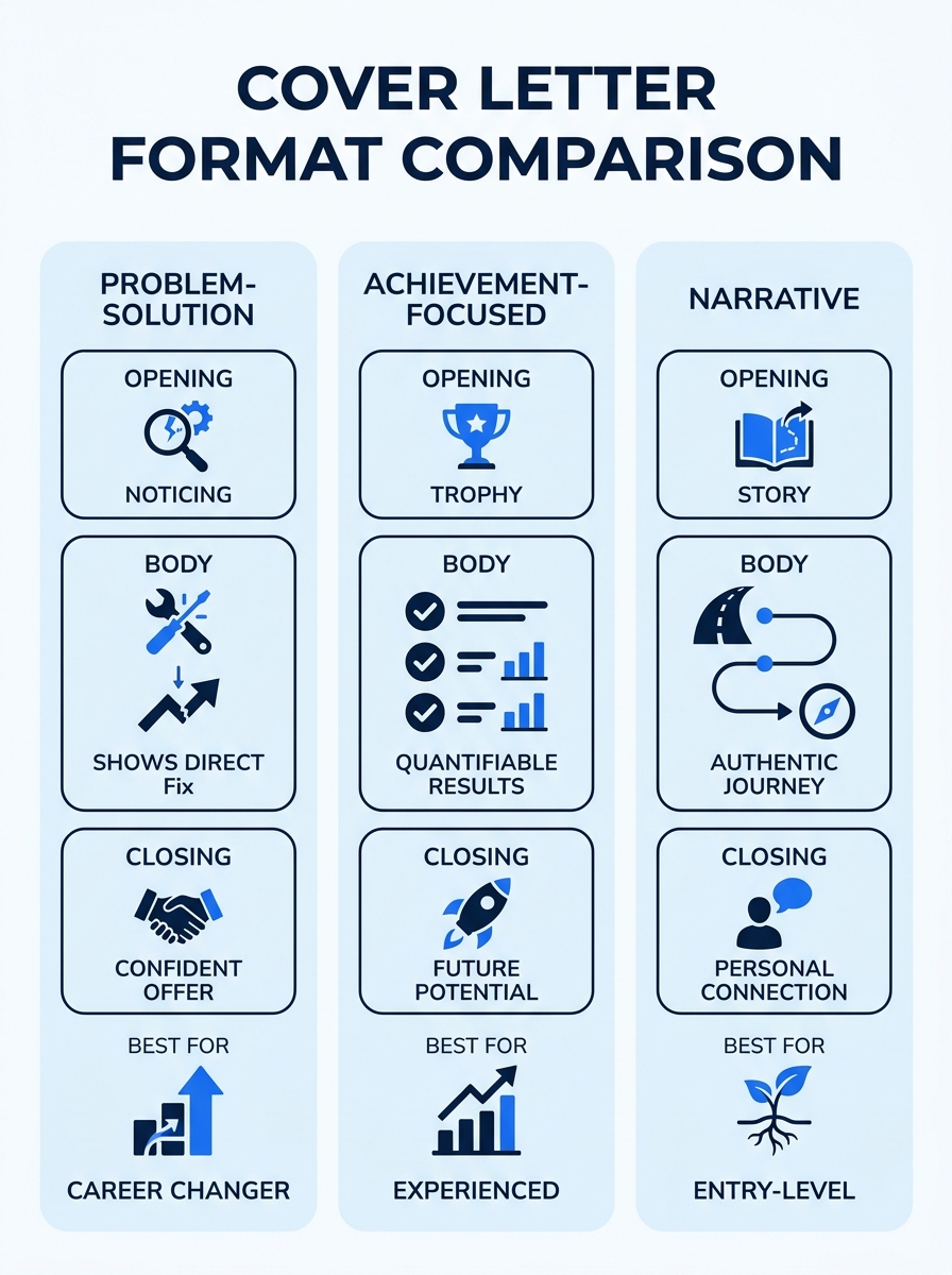 Infographic comparing three cover letter formats side by side, problem-solution, achievement-focused, and narrative, showing the structure of each with labeled sections for opening, body, and closing,