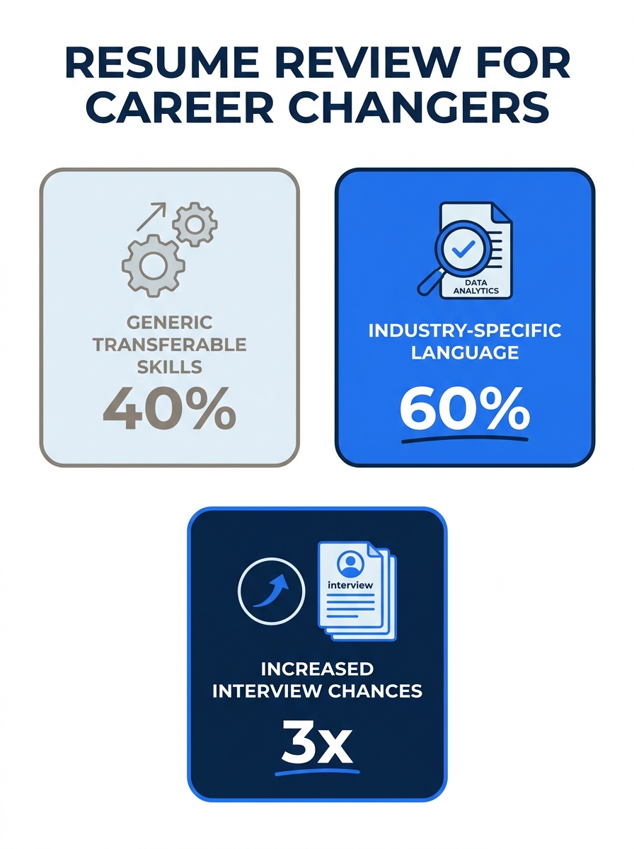 Career changer reviewing resume with industry-specific language highlighted in contrast to generic transferable skill statements