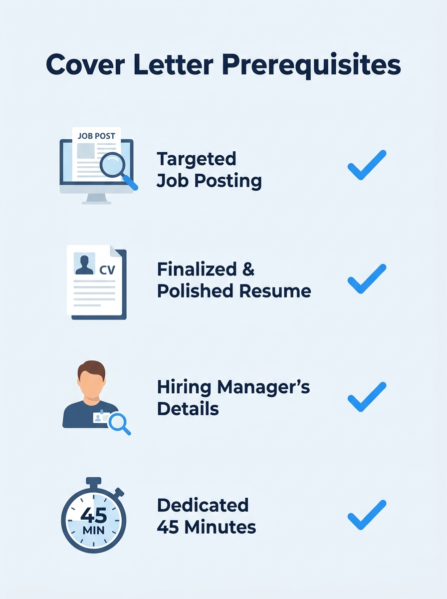 infographic showing the four prerequisites for writing a cover letter, job posting, finalized resume, hiring manager name, and 45 minutes, arranged as a checklist with icons for each item