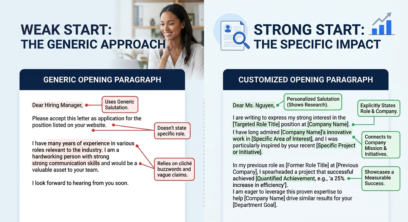 side-by-side comparison showing a generic cover letter opening paragraph on the left (highlighted in red with annotations pointing out vague language) and a specific, customized opening paragraph on t