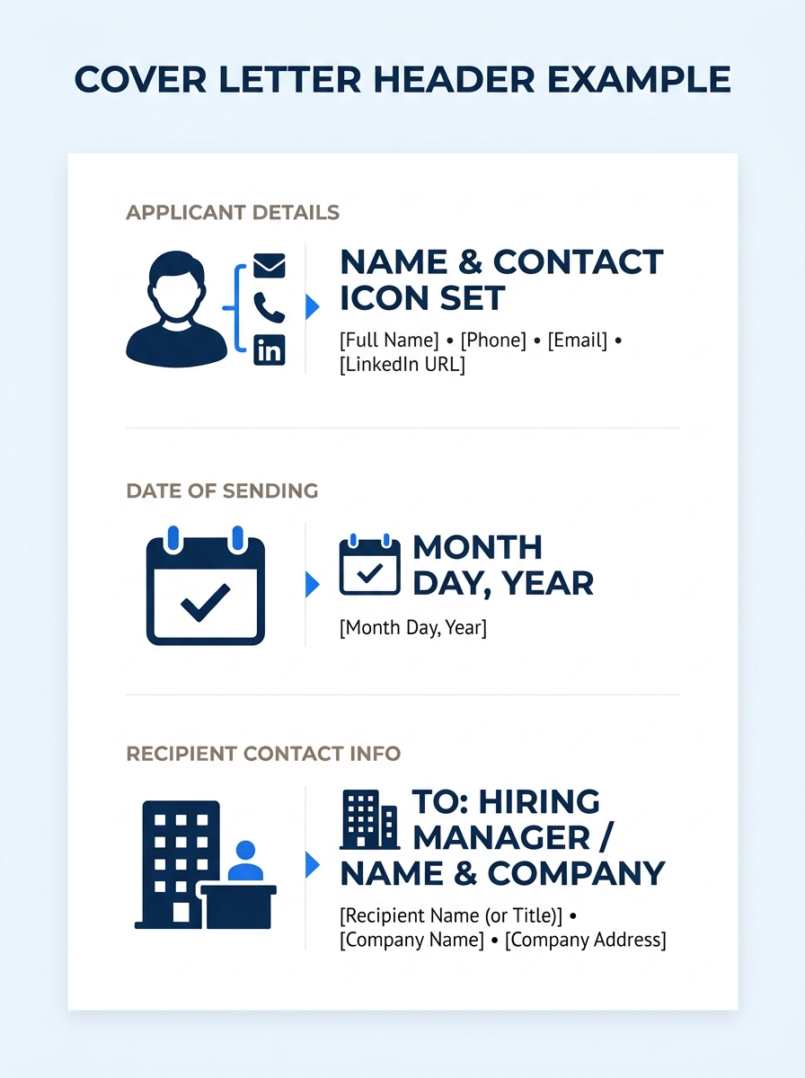 A clean, professional cover letter header example showing name, contact details, date, and recipient information in a standard business letter format with 1-inch margins and 11-point Calibri font