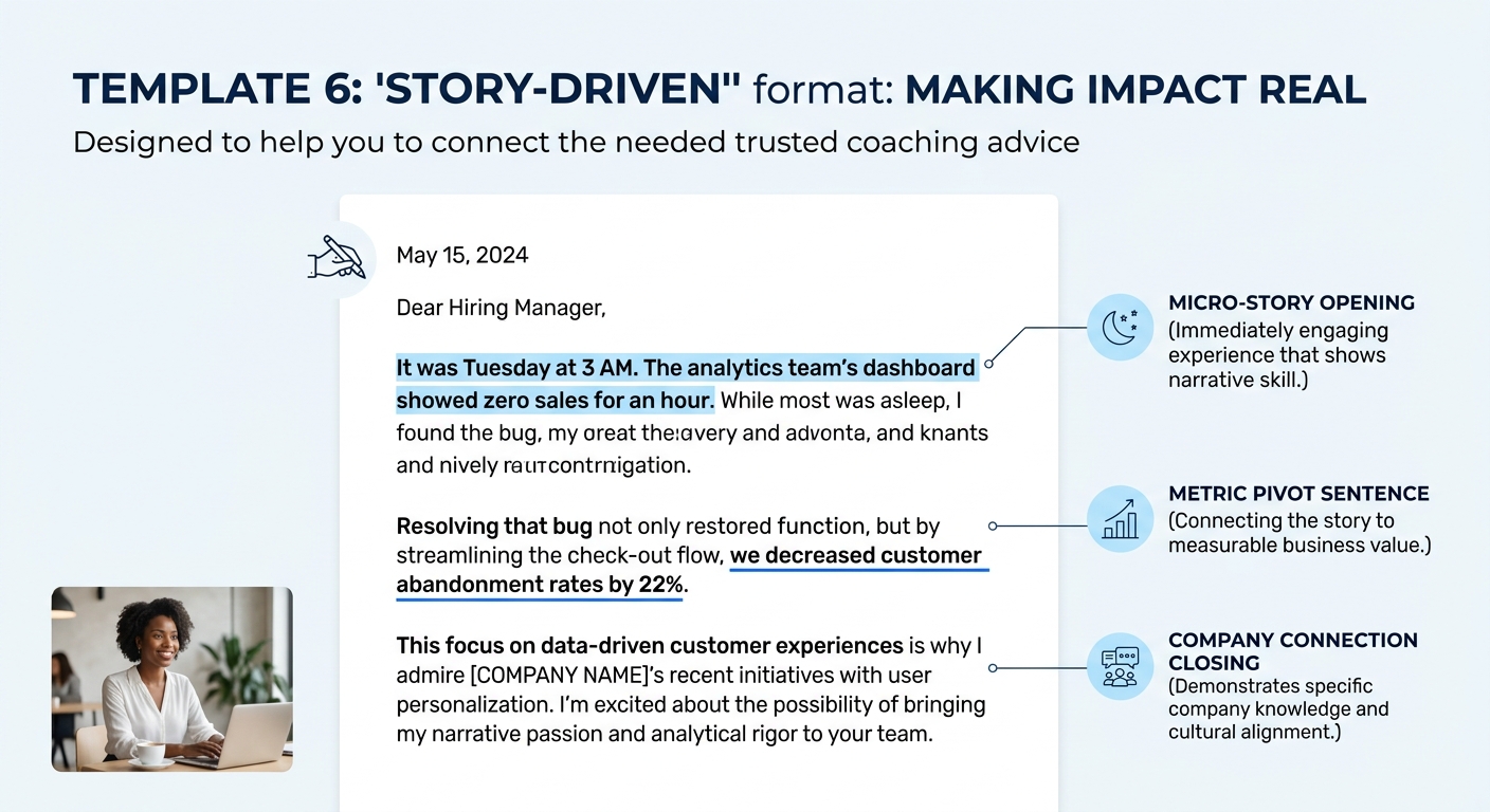 A cover letter template example showing Template 6 (story-driven format) with callout annotations pointing to the micro-story opening, the metric pivot sentence, and the company connection closing