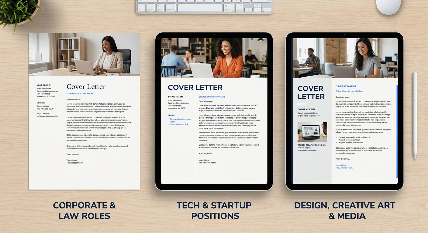 Three cover letter template examples displayed side by side, a traditional serif template for corporate roles, a modern sans-serif template for tech companies, and a creative template with color accen