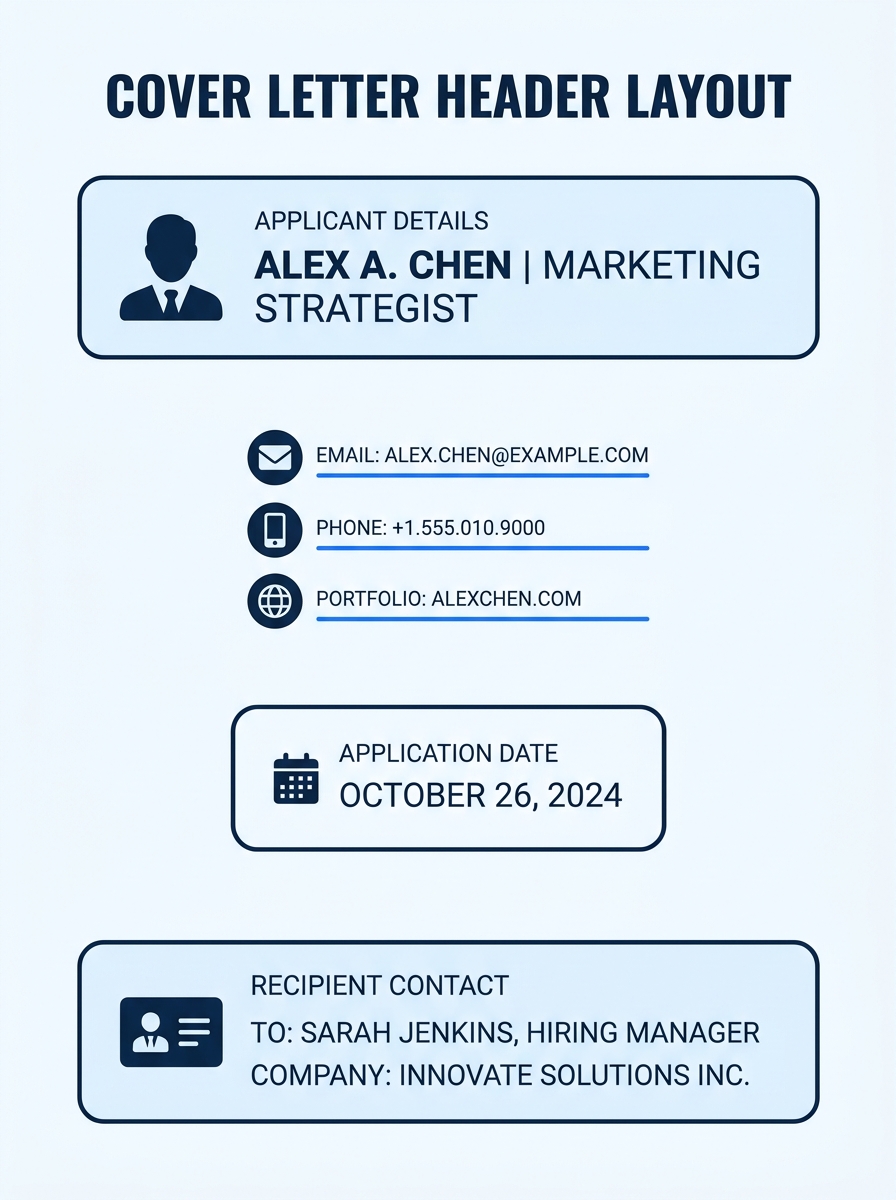 A clean cover letter header layout showing name, contact details, date, and recipient information arranged in a professional single-column format with 1-inch margins and 11-point font