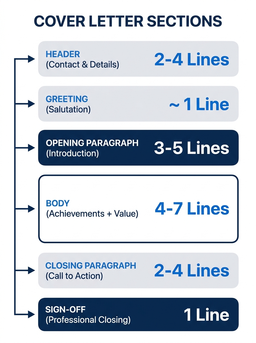 An infographic showing the six sections of a cover letter, header, greeting, opening paragraph, body with achievements, closing paragraph, and sign-off, laid out on a single page with labeled arrows p